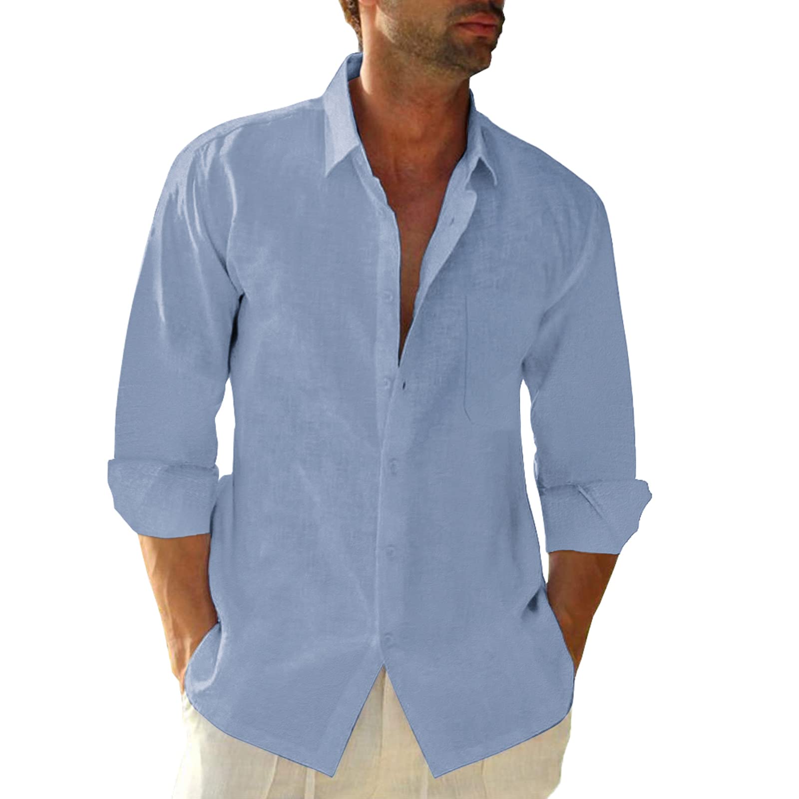 Button Down Linen Shirts for Men Casual Long Sleeve Regular Fit Cotton Beach Shirts with Pocket
